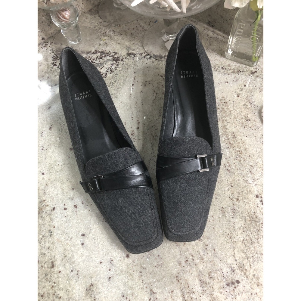 STUART WEITZMAN Gray Wool Black Contrast Square L SlipOn Pumps Heels 10 1/2 Kitt